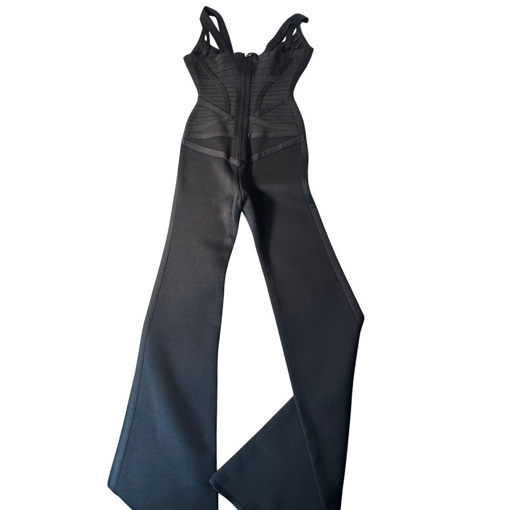 Herve Leger Max Azria Bandage Jumpsuit Black XS Wide Leg Sleeveless Bodycon - Picture 2 of 16